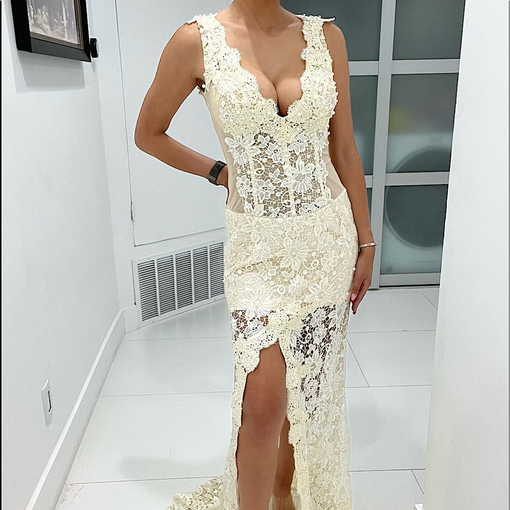 Ivory lace with pearl evening dress